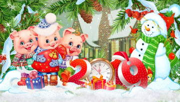 Картинка праздничные векторная+графика+ новый+год поросята снеговик