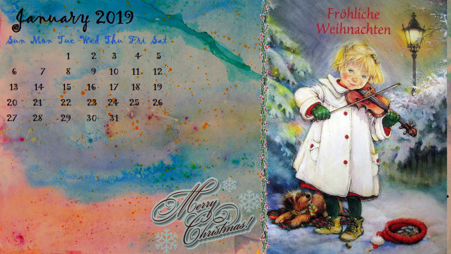 Обои картинки фото календари, праздники,  салюты, снег, фонарь, собака, скрипка, девочка