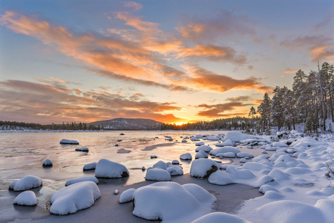 Обои картинки фото природа, восходы, закаты, озеро, закат, небо, зима