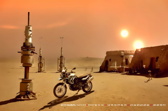 обоя календари, фэнтези, планета, мотоцикл, сооружение, здание, солнце, пустыня, calendar, 2019