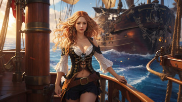 Картинка фэнтези девушки ai art девушка корсар пиратка корабль море