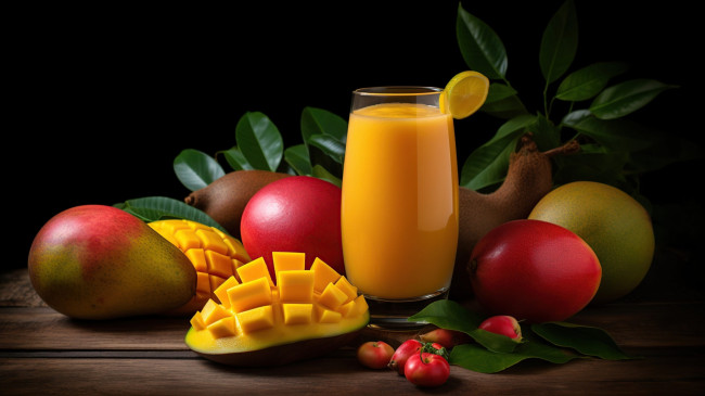 Обои картинки фото еда, напитки,  сок, манго, сок, листья