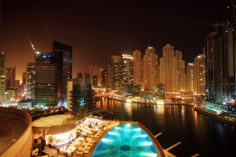 Картинка города огни ночного река здания небоскребы бассейн