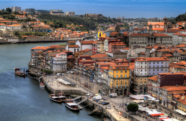 Обои картинки фото порту, португалия, города, панорамы, мост, лодки, дома, вода
