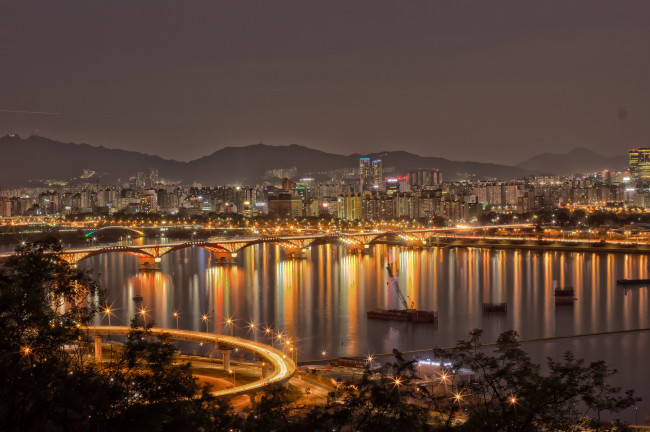 Обои картинки фото города, огни, ночного, мост, здания, seoul, korea