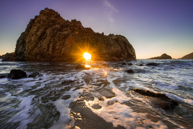 Обои картинки фото природа, восходы, закаты, прибой, вода, пляж, солнце, волны, калифорния, тихий, океан, побережье