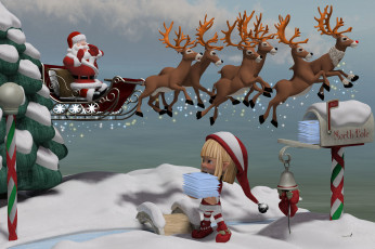 Картинка 3д+графика holidays +праздники санта клаус олени снег