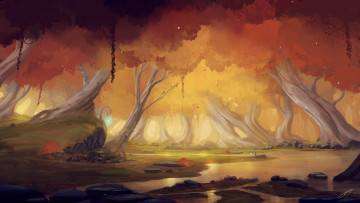 Картинка фэнтези пейзажи река деревья лес фонари