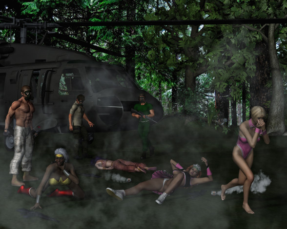 Обои картинки фото 3д графика, fantasy , фантазия, девушки, мужчины, лес, вертолет