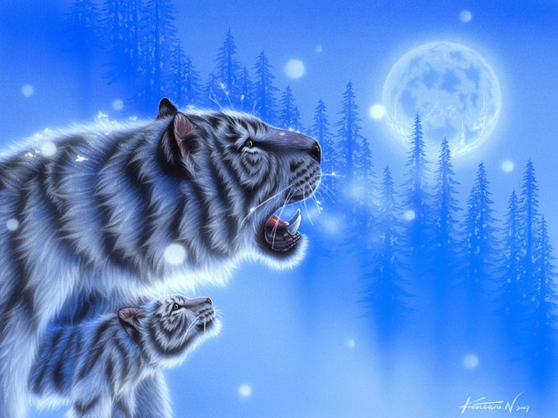 Обои картинки фото рисованные, животные,  тигры, тигры, луна