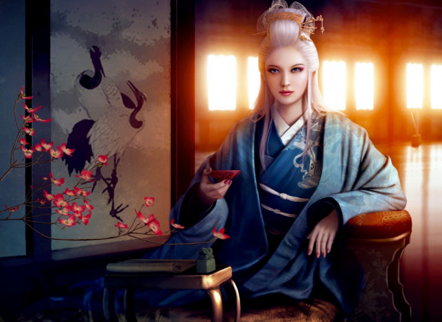 Обои картинки фото фэнтези, девушки, сакура, журавли, девушка, столик, кимоно