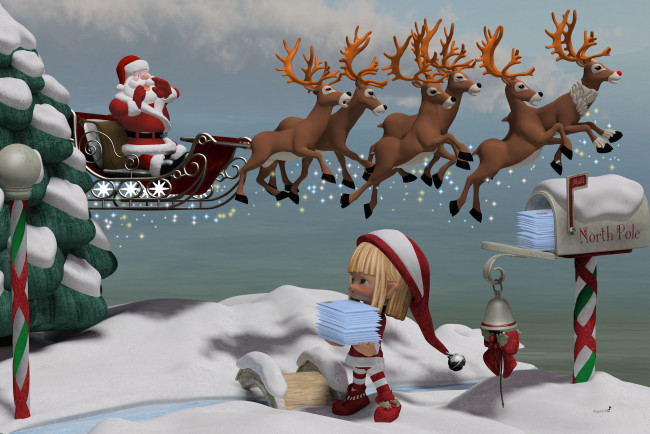 Обои картинки фото 3д графика, holidays,  праздники, санта, клаус, олени, снег