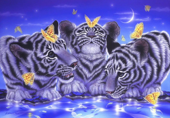 Обои картинки фото рисованные, животные,  тигры, тигры, бабочки