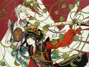 Картинка аниме оружие +техника +технологии clamp art корона рукоятка катана tkugawa lemitsu крылья костюм красные глаза листья hana gate 7