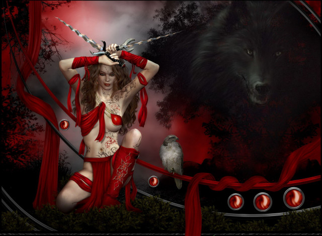 Обои картинки фото 3д графика, фантазия , fantasy, взгляд, меч, сокол, фон, волк, девушка