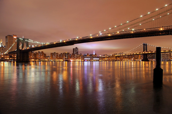 Обои картинки фото brooklyn bridge, города, нью-йорк , сша, ночь, мост, огни