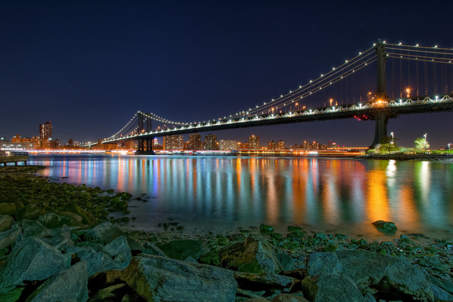 Обои картинки фото manhattan bridge, города, нью-йорк , сша, ночь, мост, огни