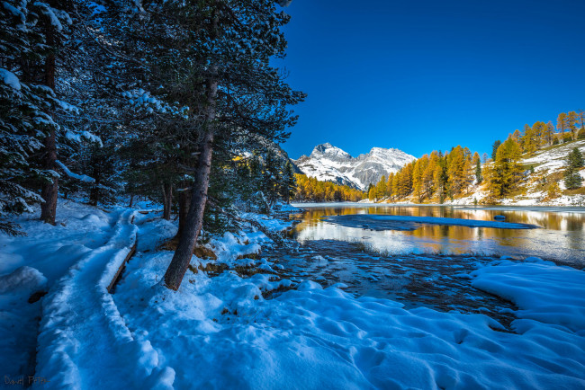 Обои картинки фото природа, реки, озера, зима, пейзаж, горы, деревья, река