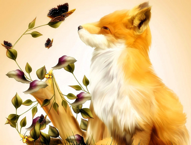 Обои картинки фото рисованное, животные,  лисы, лиса, бабочка, листья