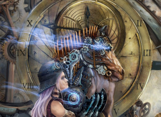 Картинка фэнтези роботы киборги механизмы часы циферблат конь механизм девушка