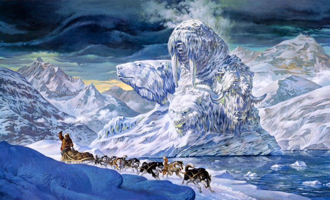 Обои картинки фото arctic, iceberg, рисованные, ezra, tucker, фантастика, арктика, горы, айсберг, упряжка, собак