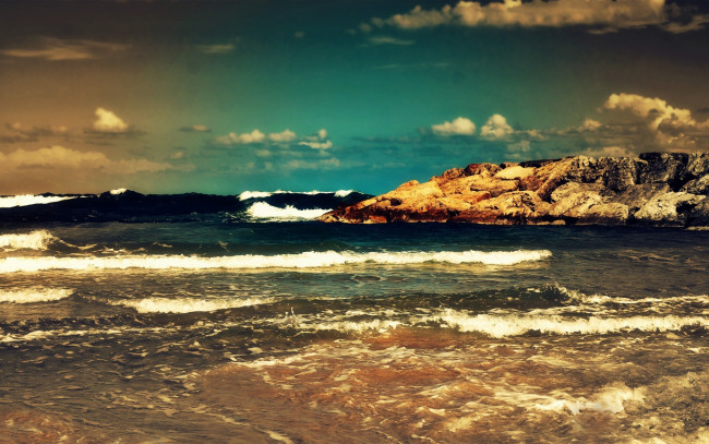 Обои картинки фото природа, побережье, облака, камни, волны, океан