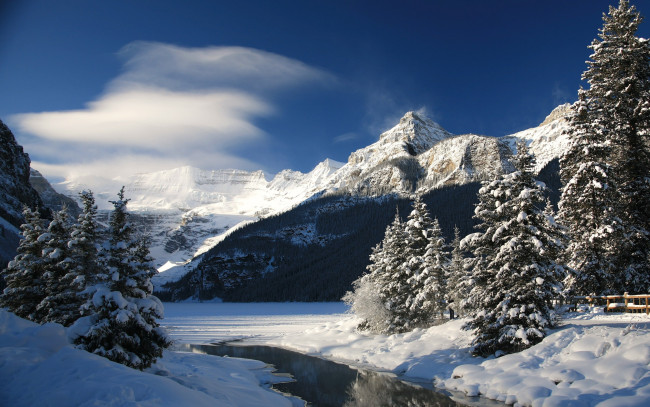 Обои картинки фото природа, зима, снег, река, лес, горы, лед
