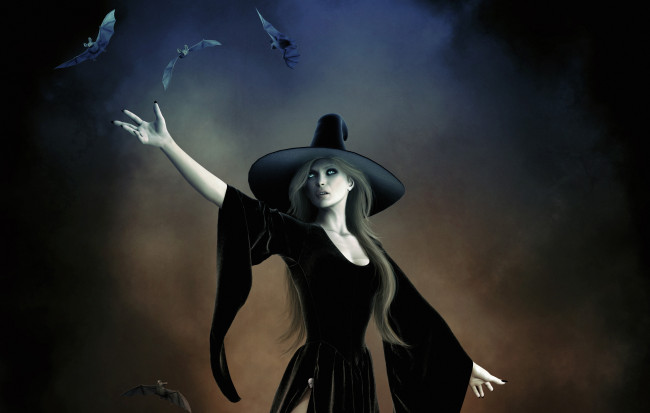 Обои картинки фото фэнтези, маги, ведьма, летучая, мышь, шляпа
