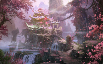 Картинка legend+of+the+condor+heroes +zero видео+игры подвесной мост сакура водопад храмы мир иной
