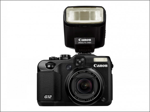 Обои картинки фото canon power shot g12 & w270ex, бренды, cancun, фотокамера, цифровая, объектив, вспышка