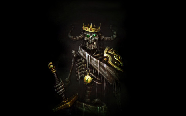 Обои картинки фото скелет, фэнтези, нежить, король, меч, череп, корона
