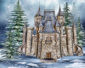 Картинка рисованное города снег ель зима замок