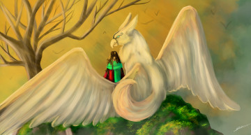 Картинка рисованное животные +сказочные +мифические птица дерево девушка