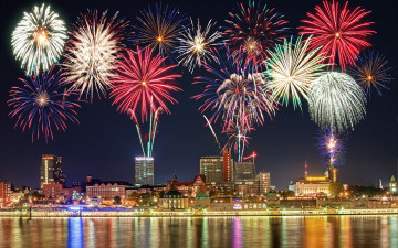 Картинка разное салюты +фейерверки города здания огни полночь фейерверки новый год