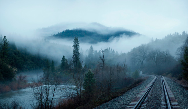 Обои картинки фото разное, транспортные средства и магистрали, лес, утро, туман, жд
