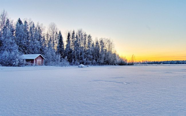 Обои картинки фото природа, зима, деревья, домик, снег