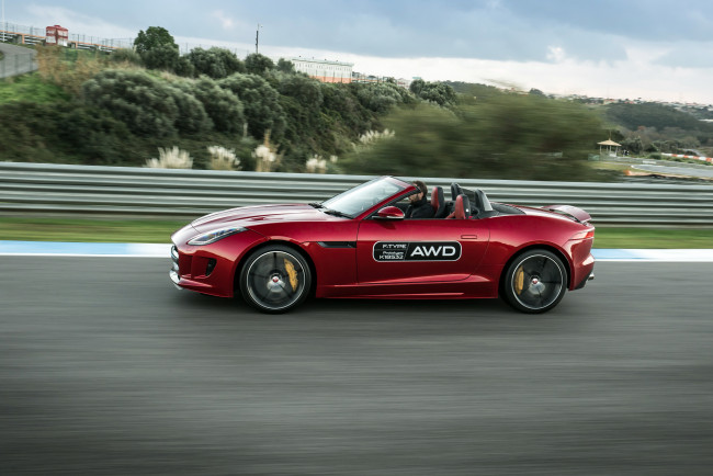 Обои картинки фото автомобили, jaguar, красный, 2015г, uk-spec, r, awd, f-type