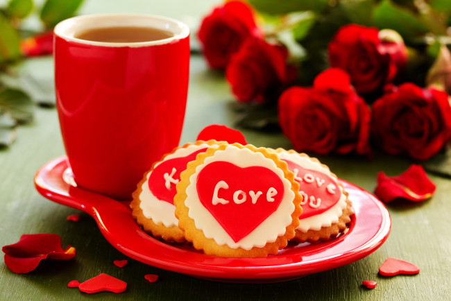 Обои картинки фото праздничные, день святого валентина,  сердечки,  любовь, любовь, кофе, печенье, розы