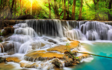Картинка природа водопады лес деревья камни водопад река