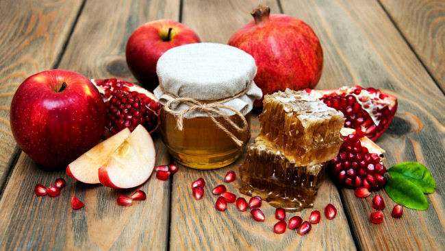 Обои картинки фото еда, мёд,  варенье,  повидло,  джем, яблоко, гранат, мед, соты