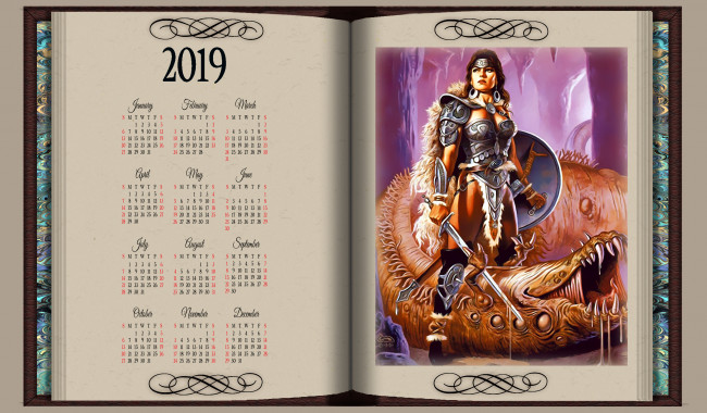 Обои картинки фото календари, фэнтези, оружие, девушка, воительница, чудовище