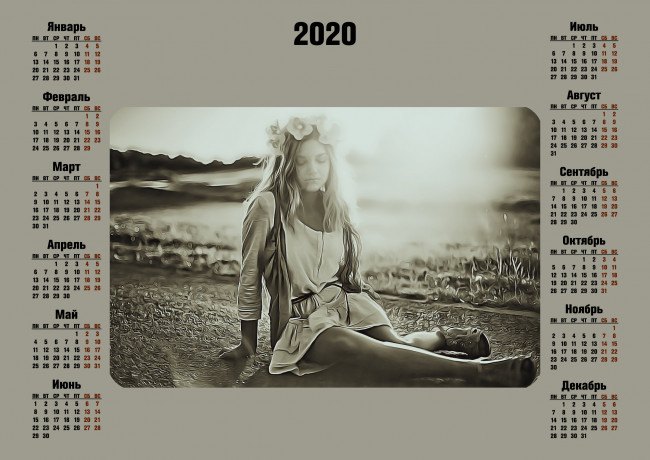 Обои картинки фото календари, компьютерный дизайн, 2020, природа, женщина, венок, цветы, девушка, calendar