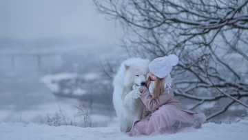 обоя разное, люди, маленькая, девочка, самоедская, собака, снег, зима
