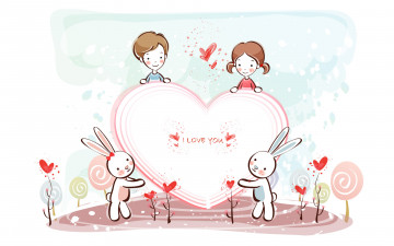 Картинка рисованное праздники девочка мальчик сердечко зайцы