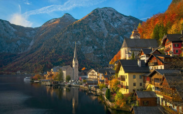 Картинка города гальштат+ австрия горы озеро здания