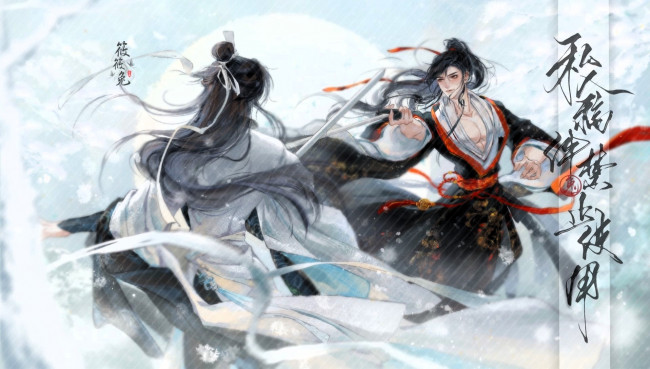 Обои картинки фото аниме, mo dao zu shi, лань, ванцзи, вэй, усянь, поединок, мечи