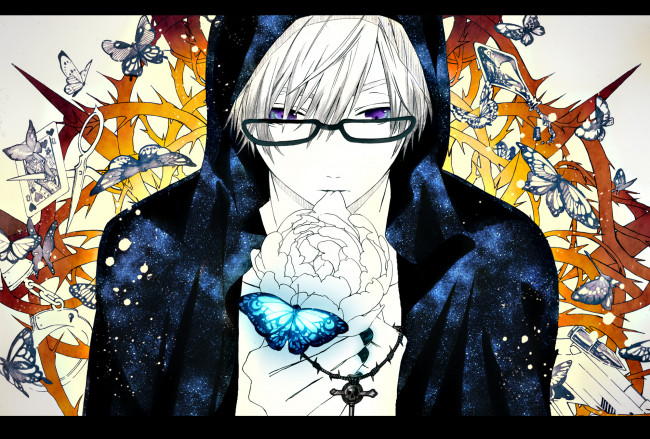 Обои картинки фото аниме, *unknown, другое, крест, капюшон, очки, парень, цветок, бабочки
