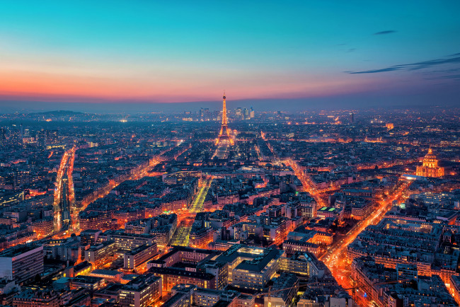 Обои картинки фото города, париж, франция, башня, улицы, огни, ночь, панорама