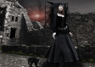 Картинка фэнтези фотоарт замок ведьма кошка