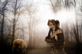 Картинка фэнтези фотоарт волк девушка лес